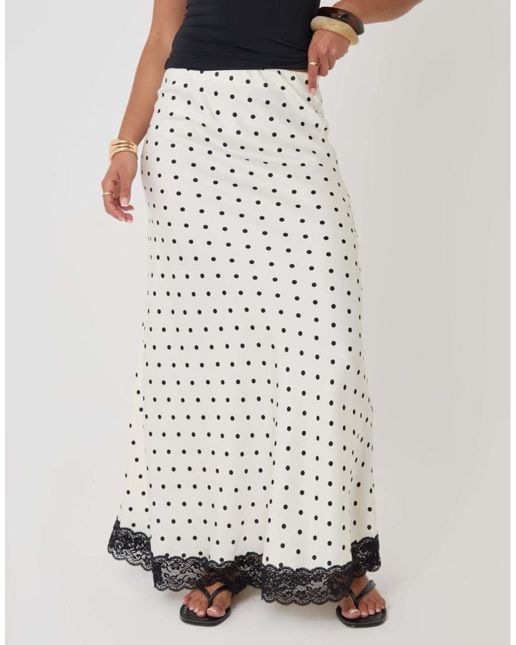 Threadbare White Petite Polka Dot Satin Lace Trim Maxi Skirt