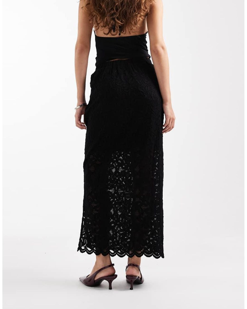 Pieces Black Lace Midi Skirt