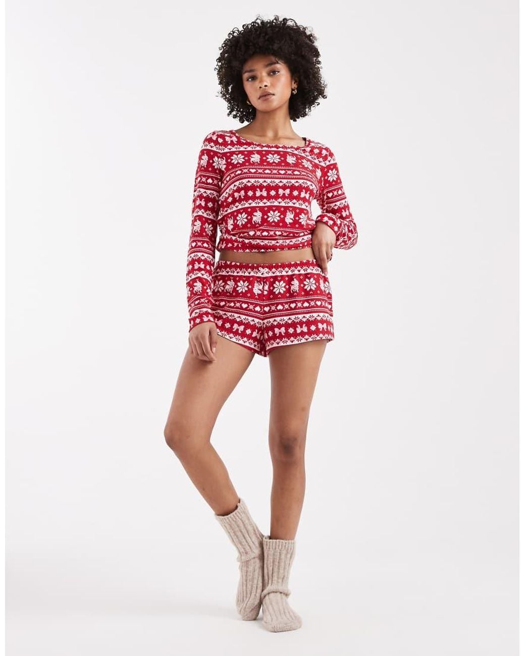 Hollister Red Long Sleeve And Shorts Pyjama Set
