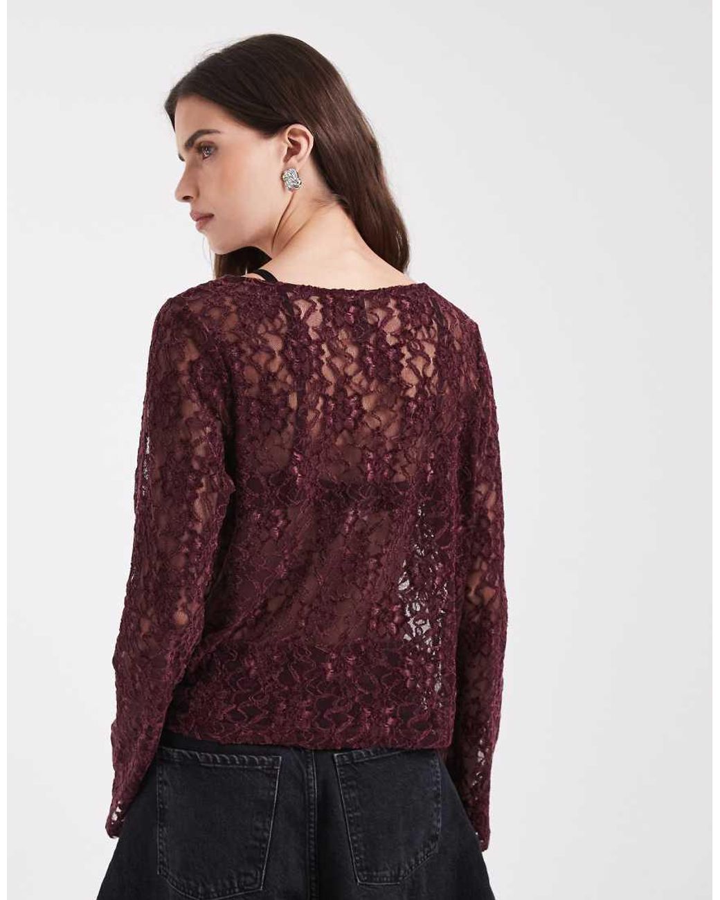 ONLY Purple Long Sleeve Lace Top With Velvet