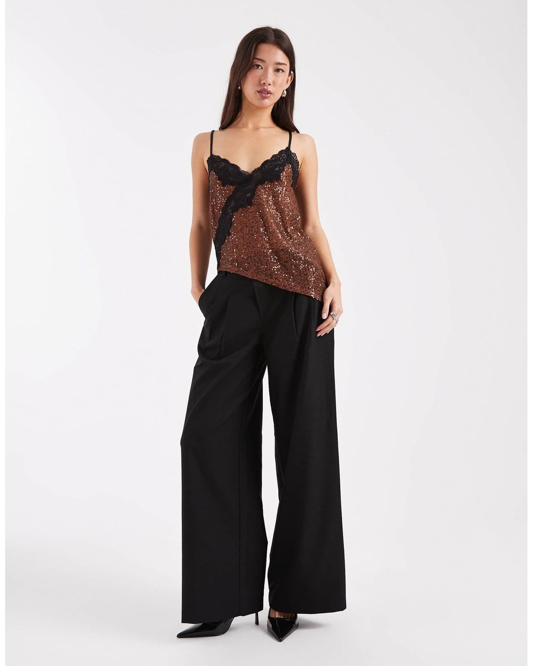 ASOS Asymmetric Sequin Cami With Lace Trim in Black | Lyst