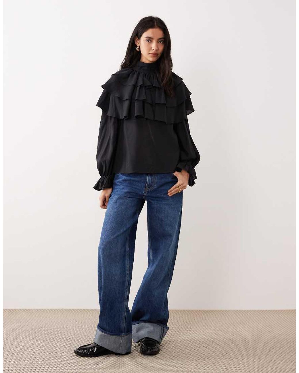 Glamorous Black Boho Ruffle High Neck Blouse