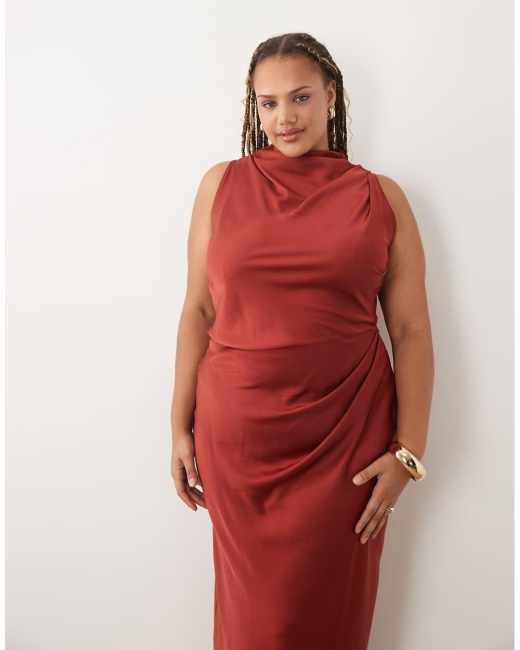 ASOS Asos Design Curve Pleated Gathered Bodice Satin Maxi Dress With High Neck