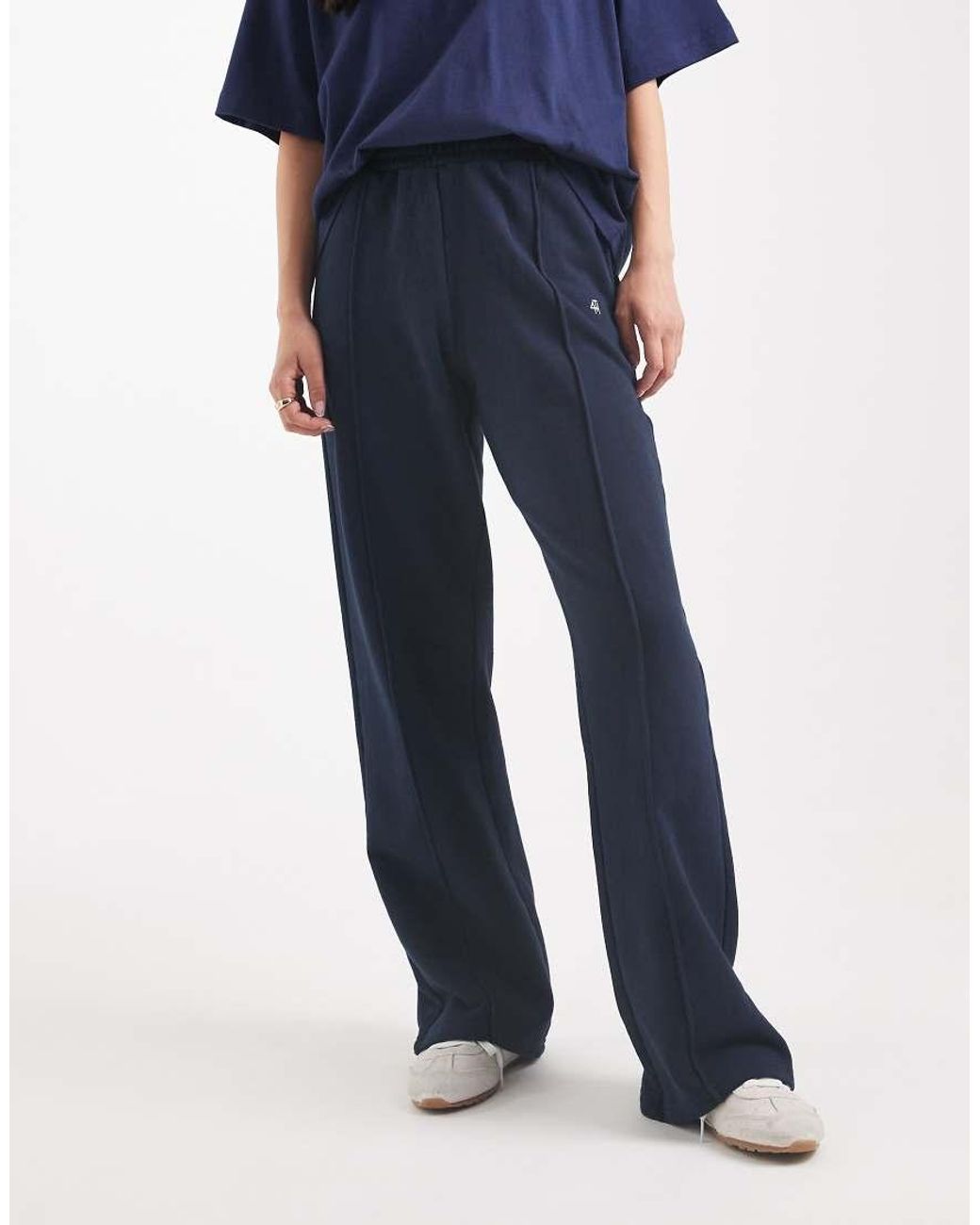 4th & Reckless Blue Cotton Embroidered Logo Seam Detail Wide Leg Sweatpants