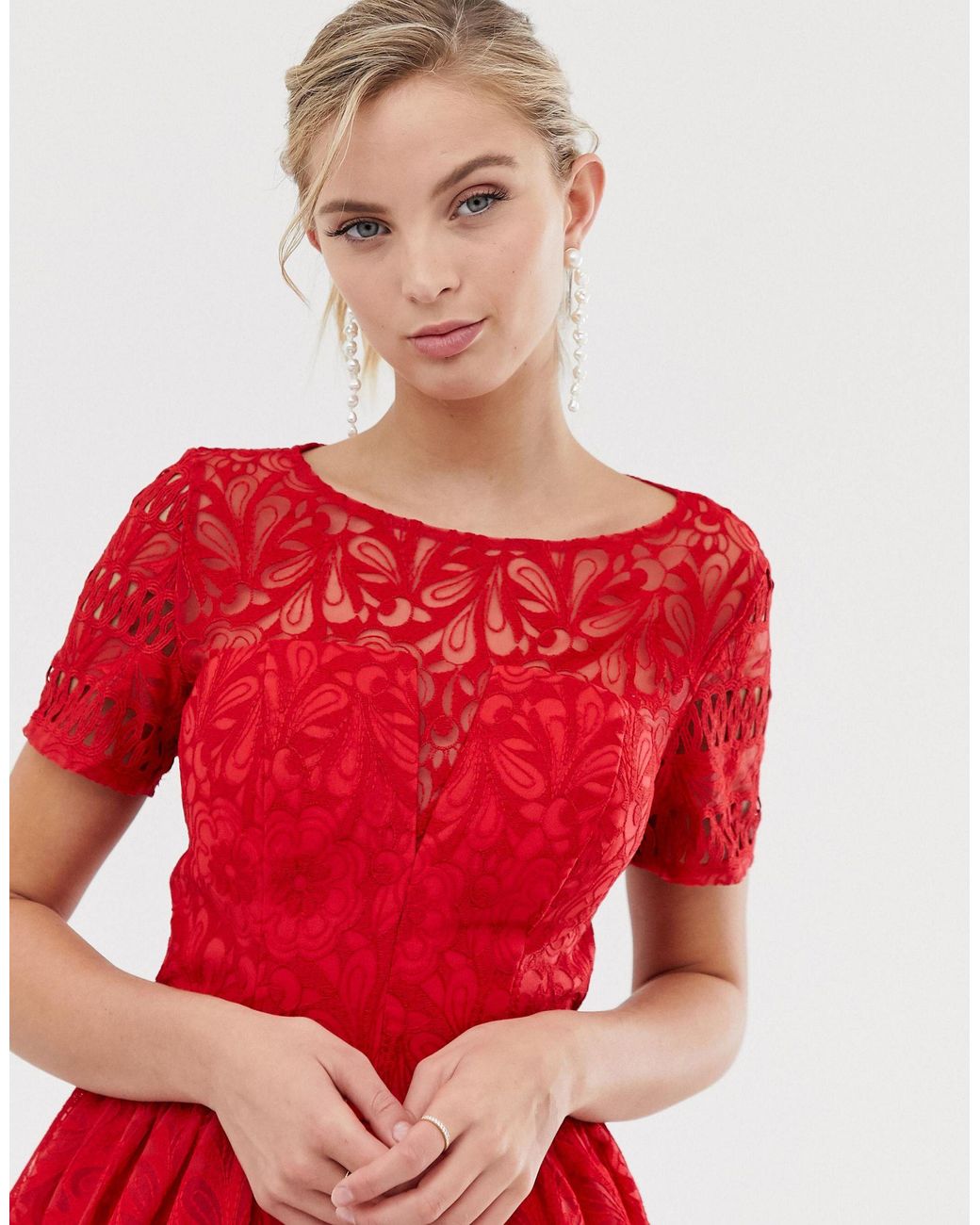 Chi Chi London Premium Lace Prom Dress With Cutwork Hem in Red Lyst