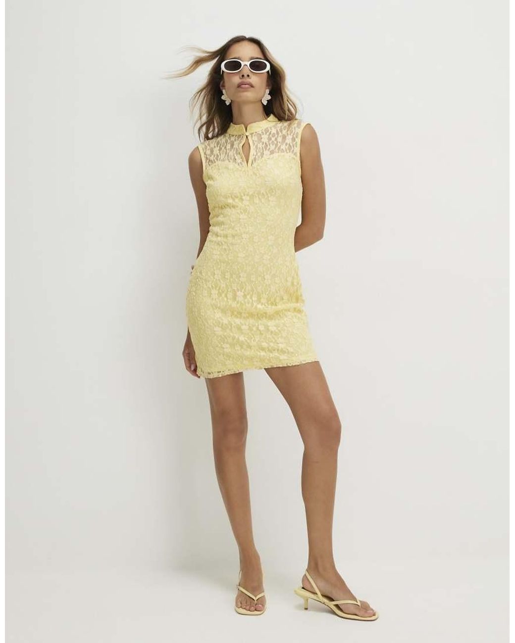 River Island Yellow Lace Stand Up Collar Mini Dress