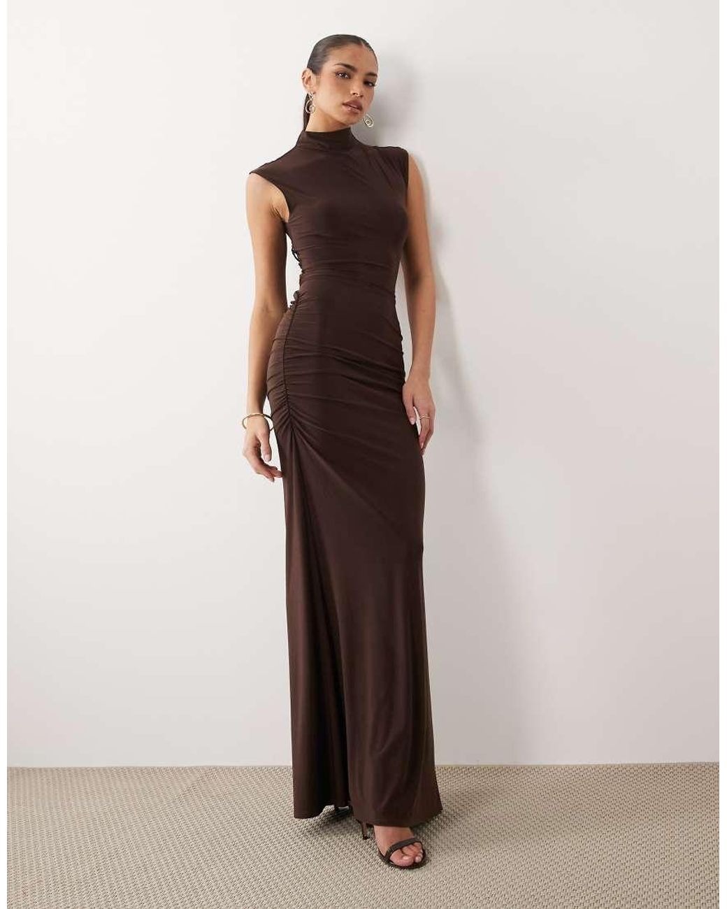 ASOS Brown Cap Sleeve Maxi Dress With Lace Up Detail And Ruching