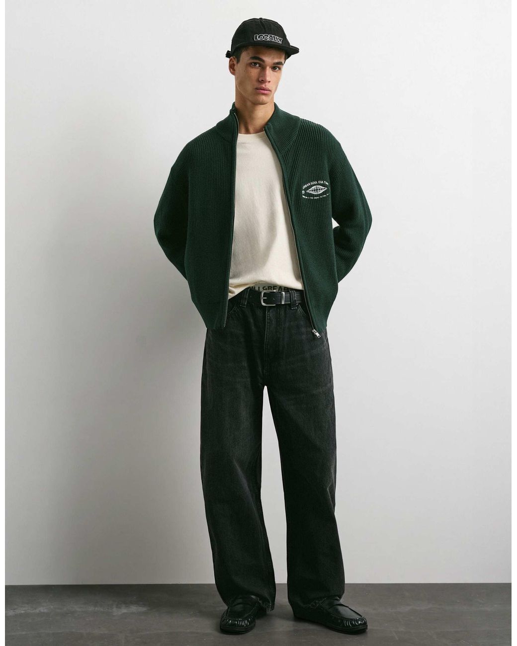 Pull&Bear – bestickte strickjacke in Green für Herren