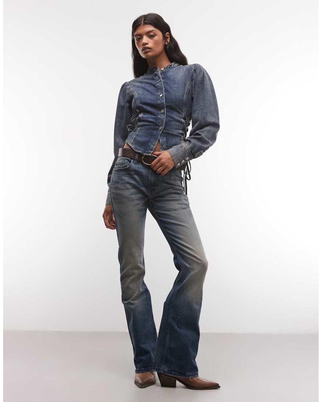 AllSaints Blue Evanna Long Sleeve Mock Neck Tie Up Denim Shirt