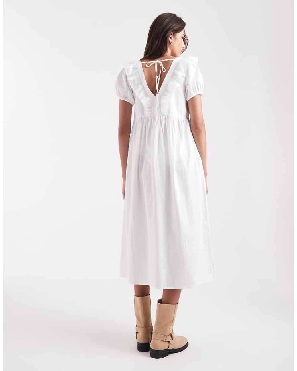 Wednesday's Girl White Wednesdays Girl Poplin Ruffle Tie Back Midaxi Dress