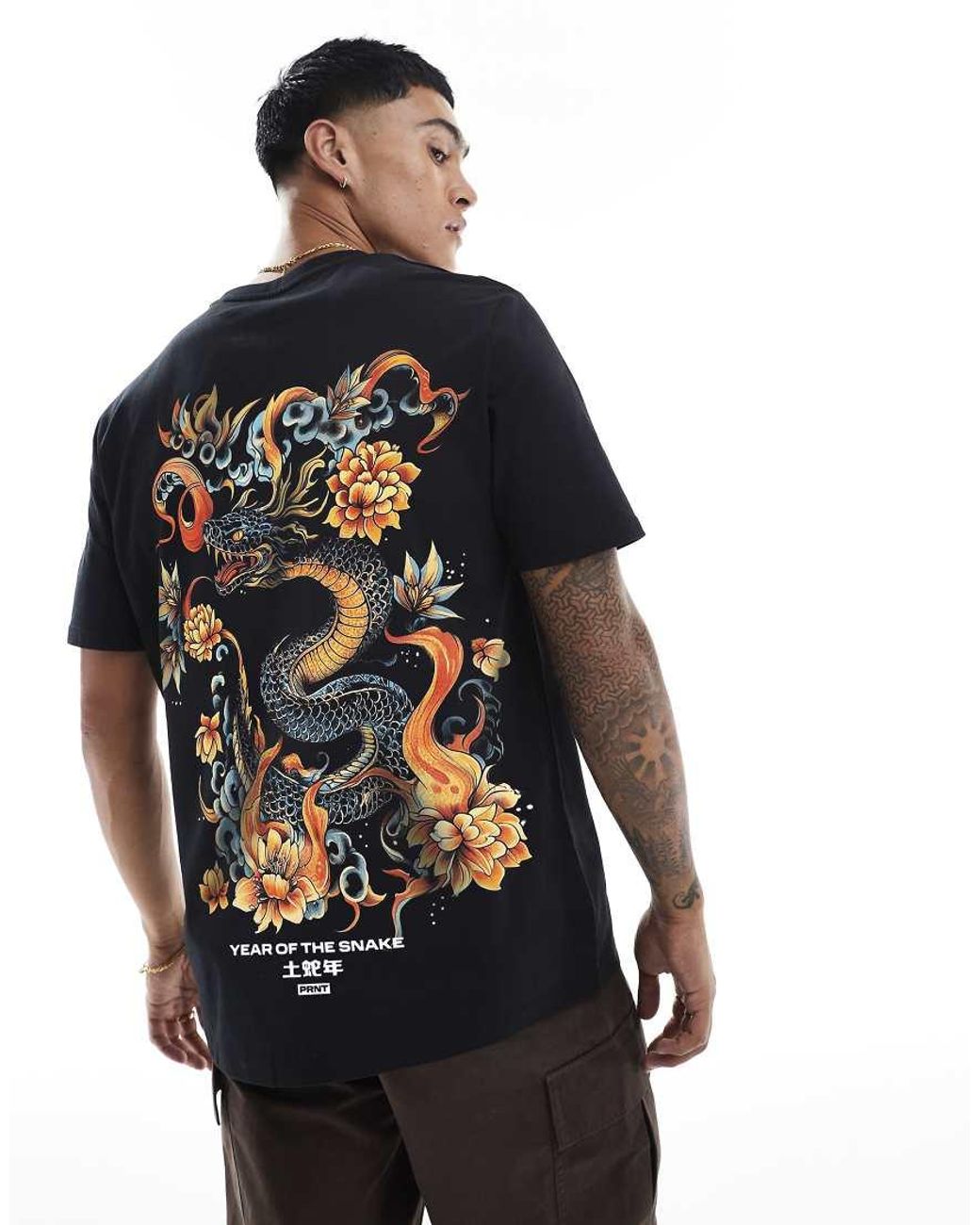 PRNT Black Tattoo Snake Cny Front Print And Back Print Relaxed T-Shirt