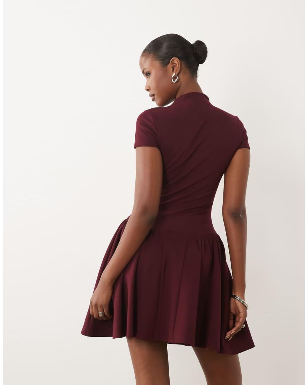 Kaiia Red Exclusive High Neck Short Sleeve Fit And Flare Basque Dropped Waist Detail Mini Dress