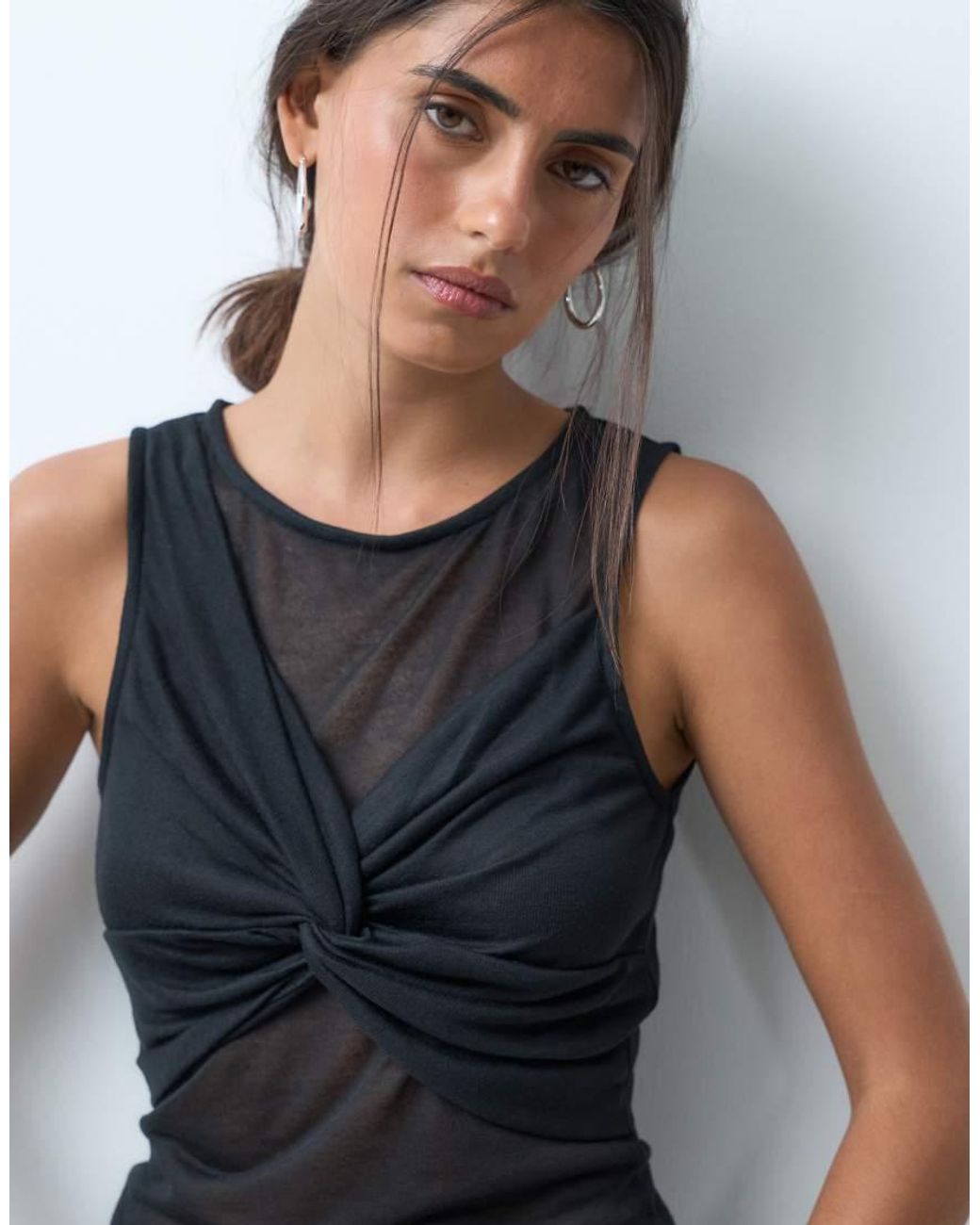 ASOS Black Semi Sheer Knit Look Tank With Ruched Bust Overlay