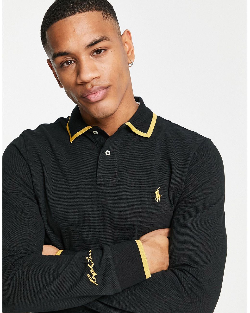 Polo Ralph Lauren Gold Icon Tipped Long Sleeve Pique Polo Custom Fit in  Black for Men | Lyst