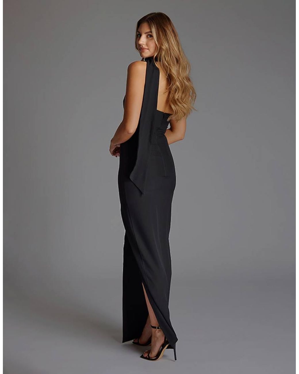 Vesper Gray Scarf Detail One Shoulder Maxi Dress