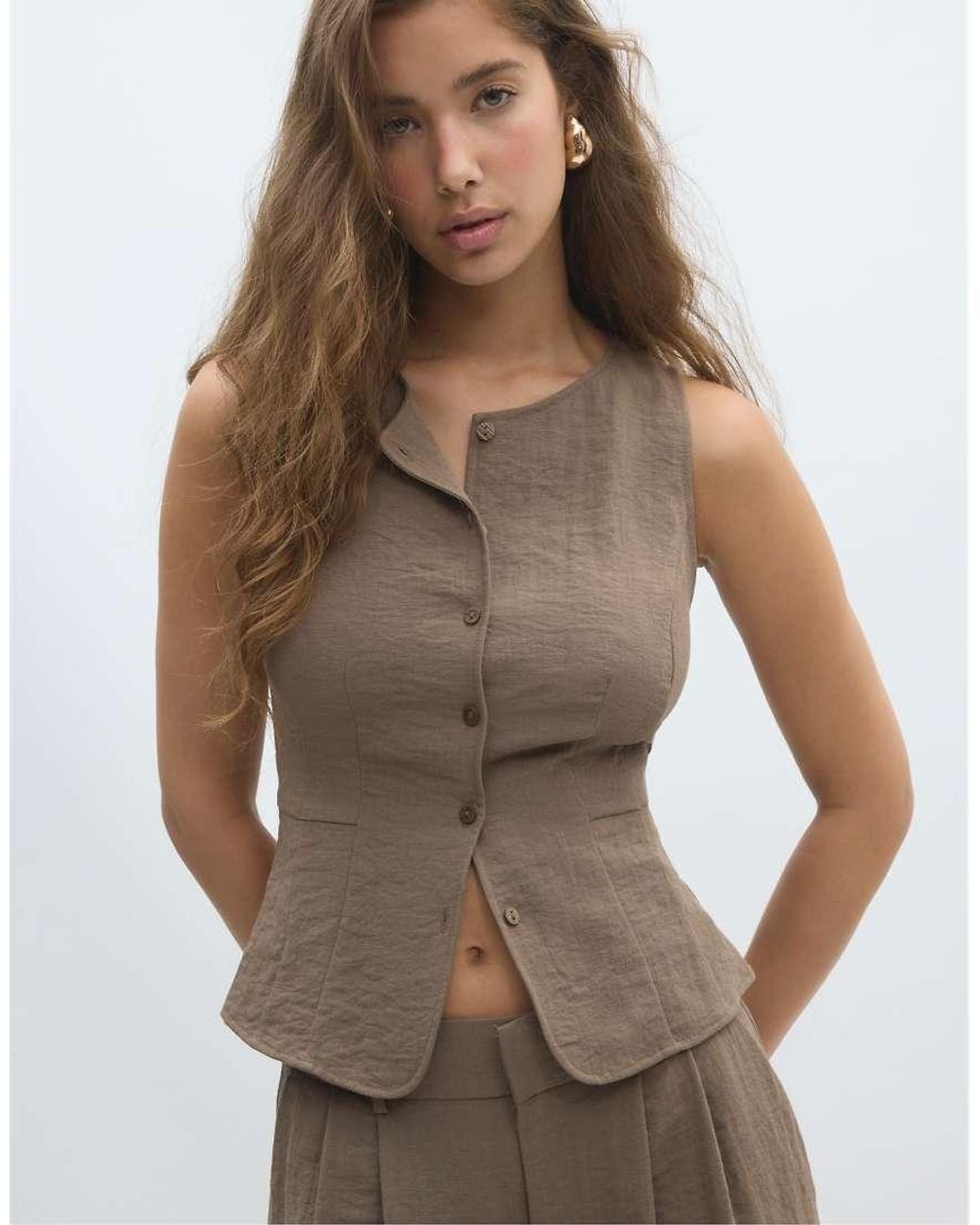 Stradivarius Green Sleeveless Buttoned Top