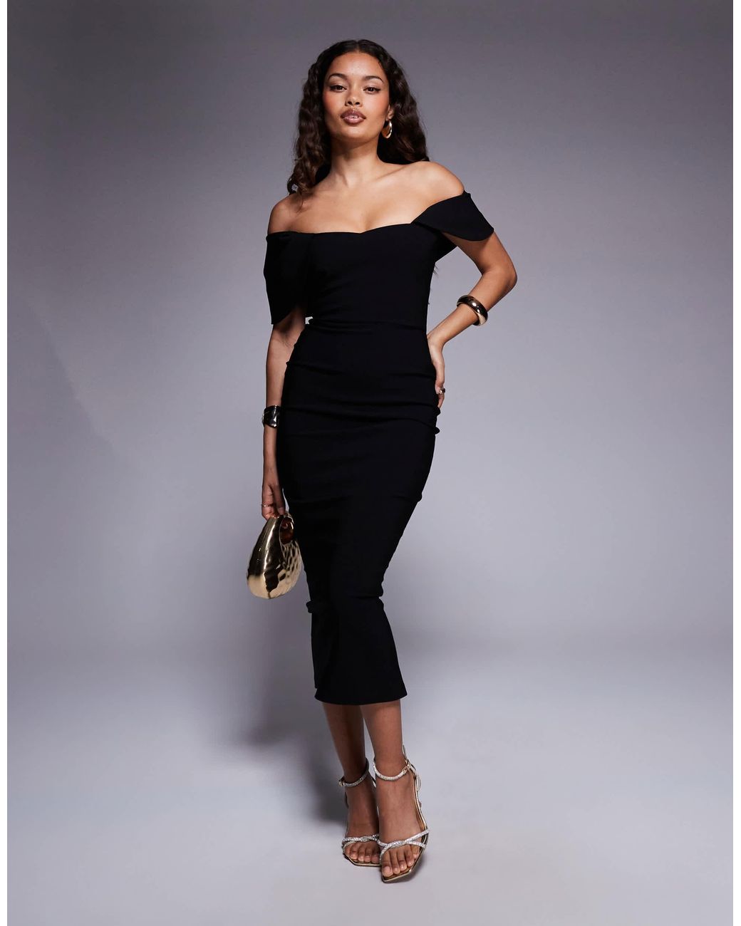 Vesper Petite Black Bengaline Bardot Drape Sleeve Detail Midaxi Dress