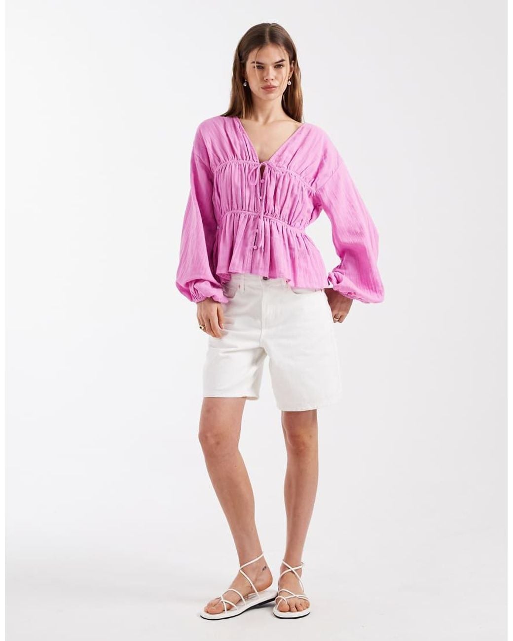ASOS Pink Long Sleeve Smock Top With Button Front