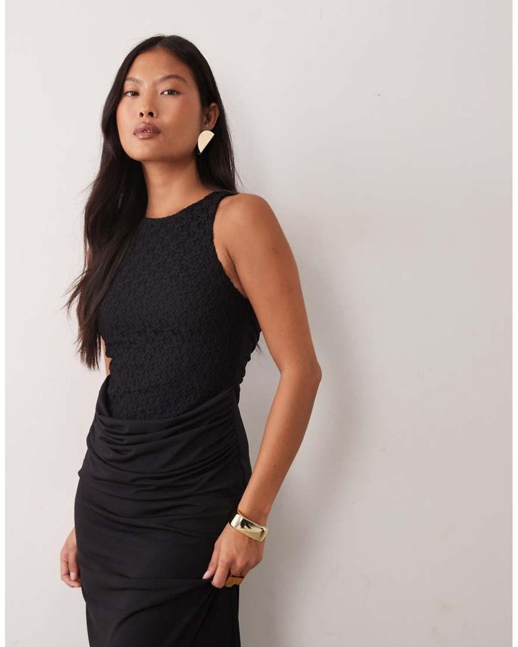 TFNC London Black Lace Racer Neck Open Cowl Back Drape Detail Maxi Dress