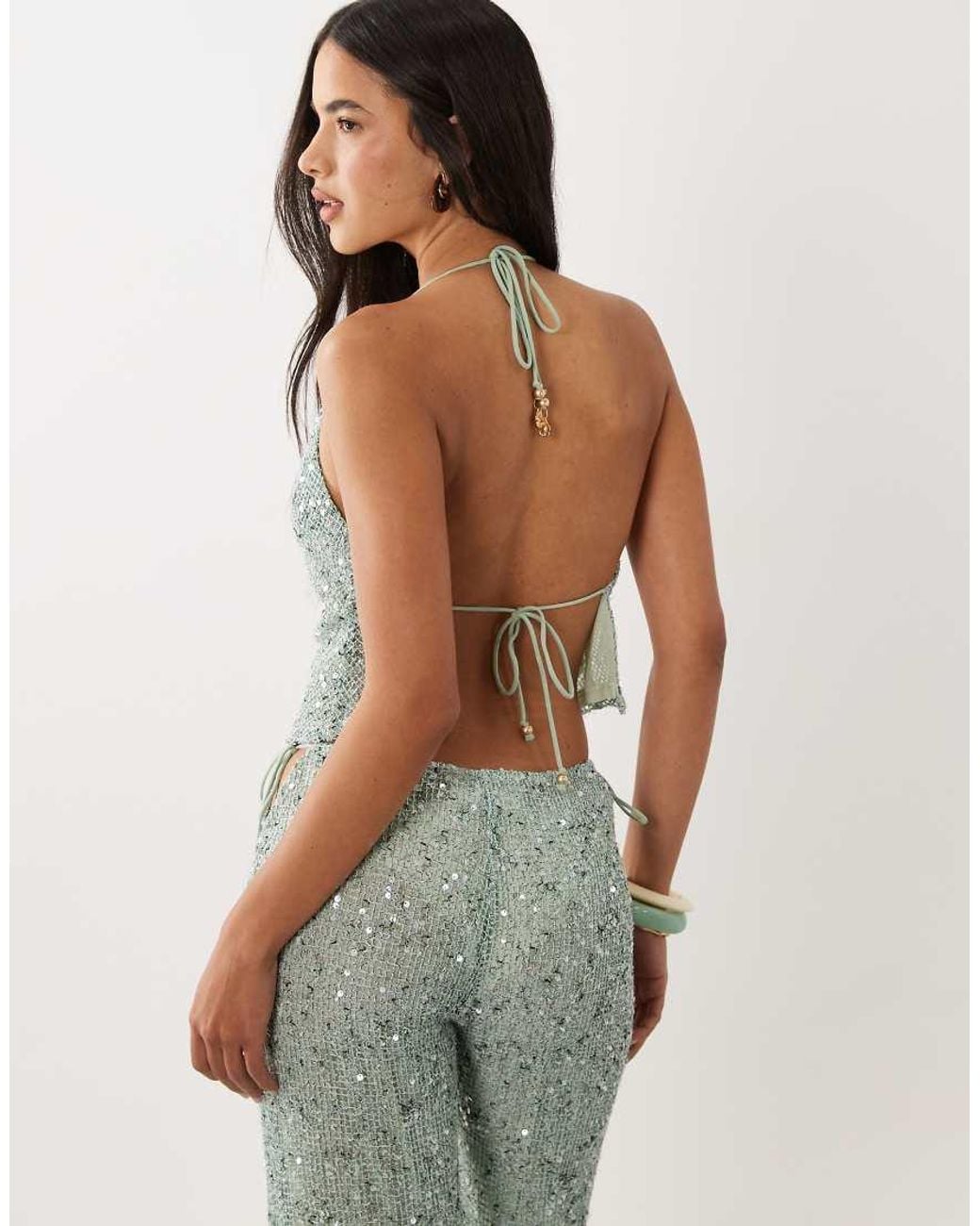 Kulani Kinis Green Sea Spritz Crochet Sequin Halterneck Top
