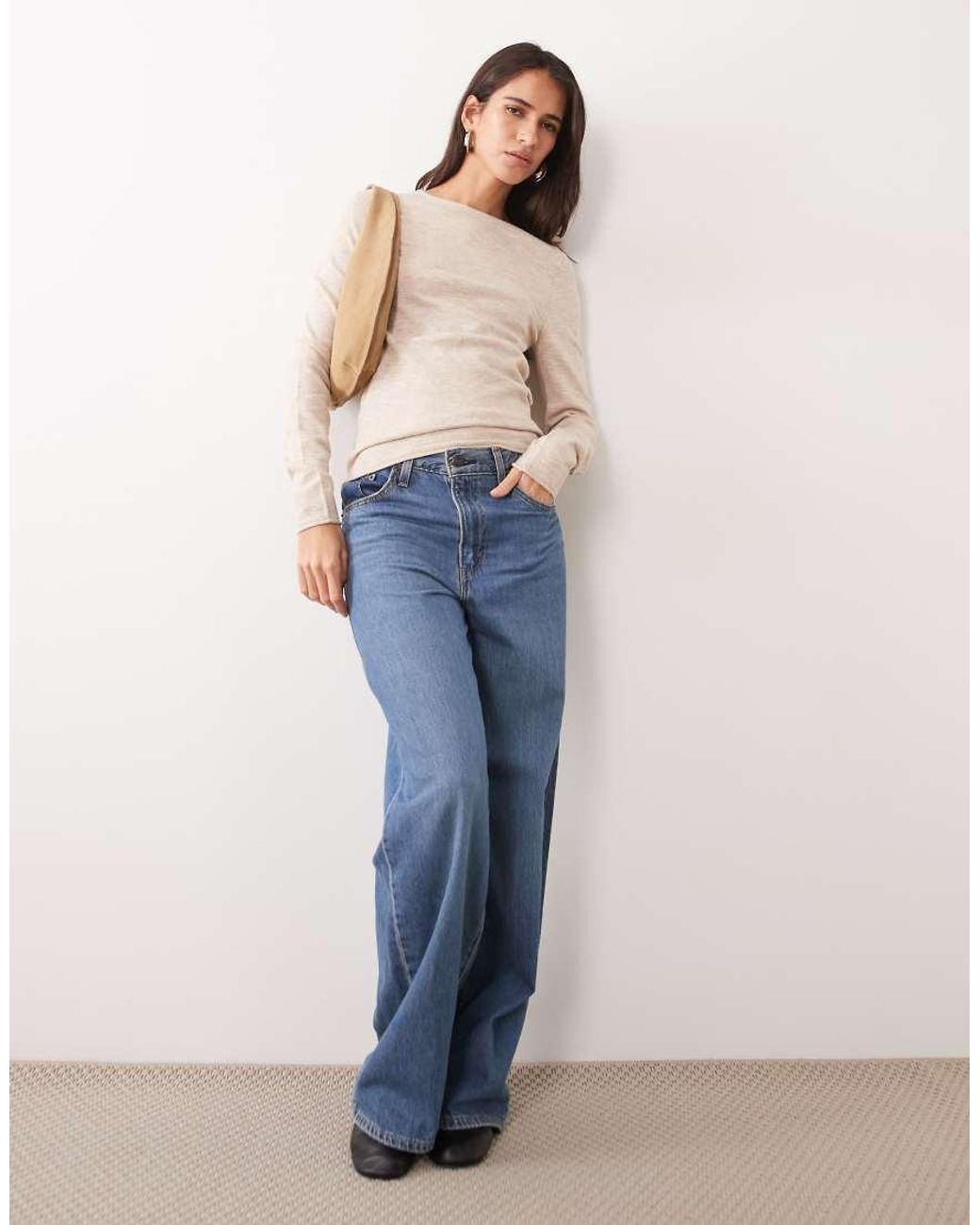 ASOS Natural Slash Neck Long Sleeve Fine Gauge Top