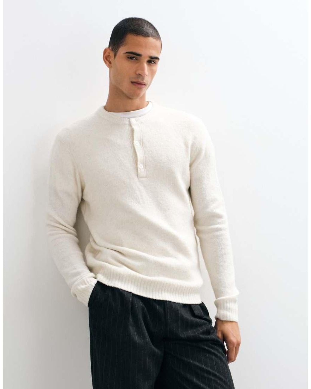Brave Soul White Studio Knitted Henley Jumper for men
