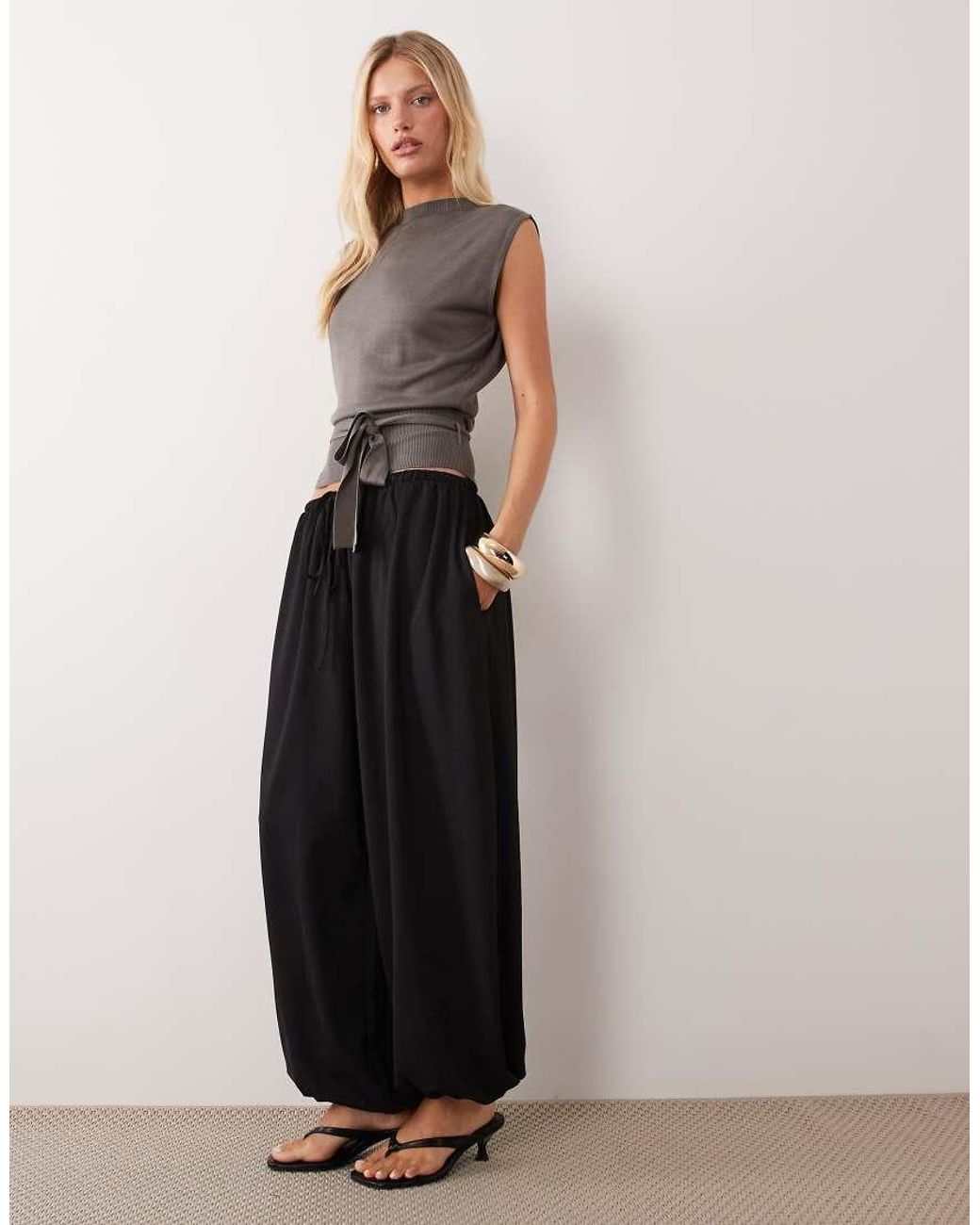 Mango Gray Sleeveless Tie Waist Knit Top