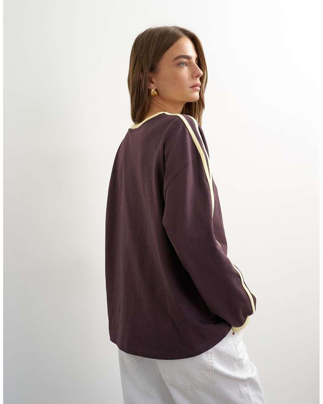 TOPSHOP Brown Long Sleeve Skater Stripe Detail T-Shirt
