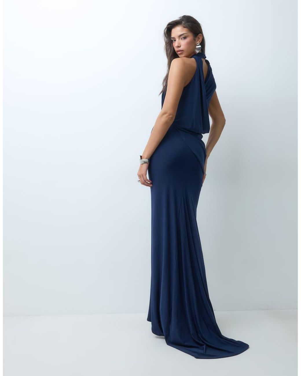 ASOS Blue Halter Neck Drape Maxi Dress With Open Back & Train