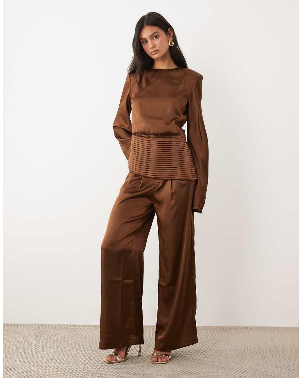 JW PEI Brown Exclusive Satin Draped Waist Bell Sleeve Top