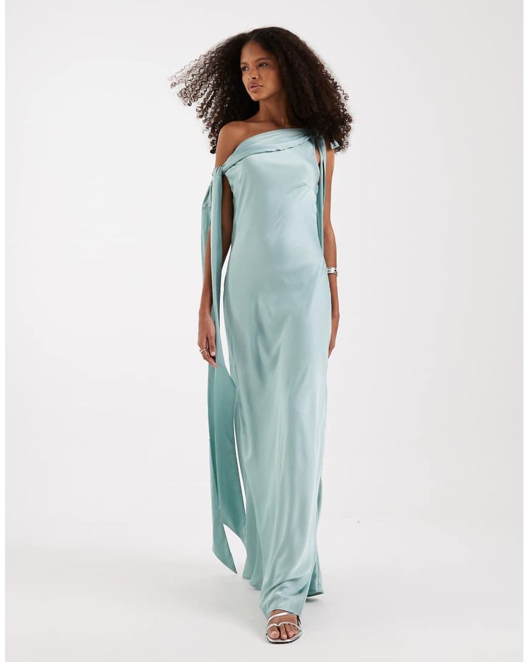 TFNC London Blue Bridesmaids Fallen Shoulder Satin Maxi Dress