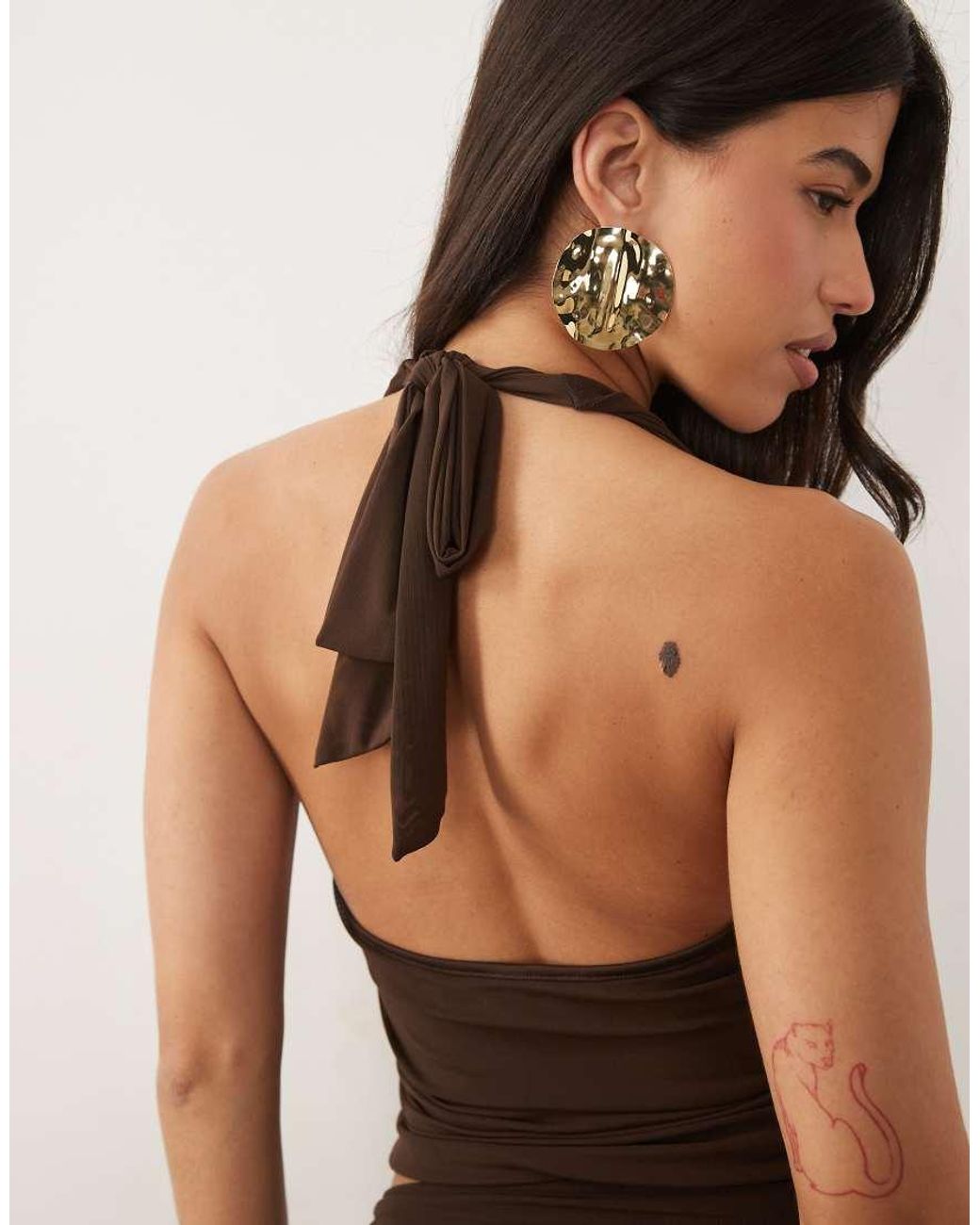 Wanderdoll Brown Jody Triple Mesh Cowl Tie Neck Crop Top Co-ord