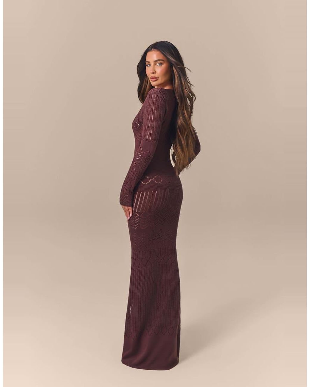 Wanderdoll Brown Wander Doll X Emma Milton Cotton Crochet Knit Gold Hardware Keyhole Front Maxi Dress
