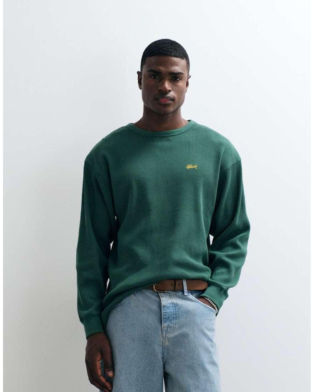 BLKVIS Green Script Logo Waffle Long Sleeve T-shirt for men