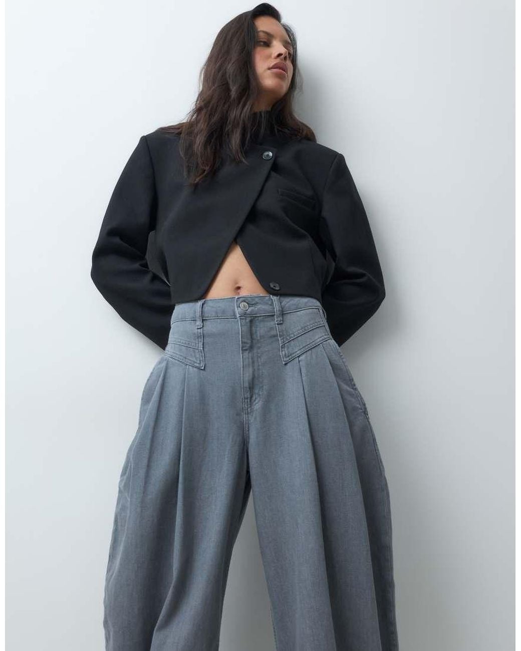 ASOS Blue Cinched Waist Seam Detail Wide Jean