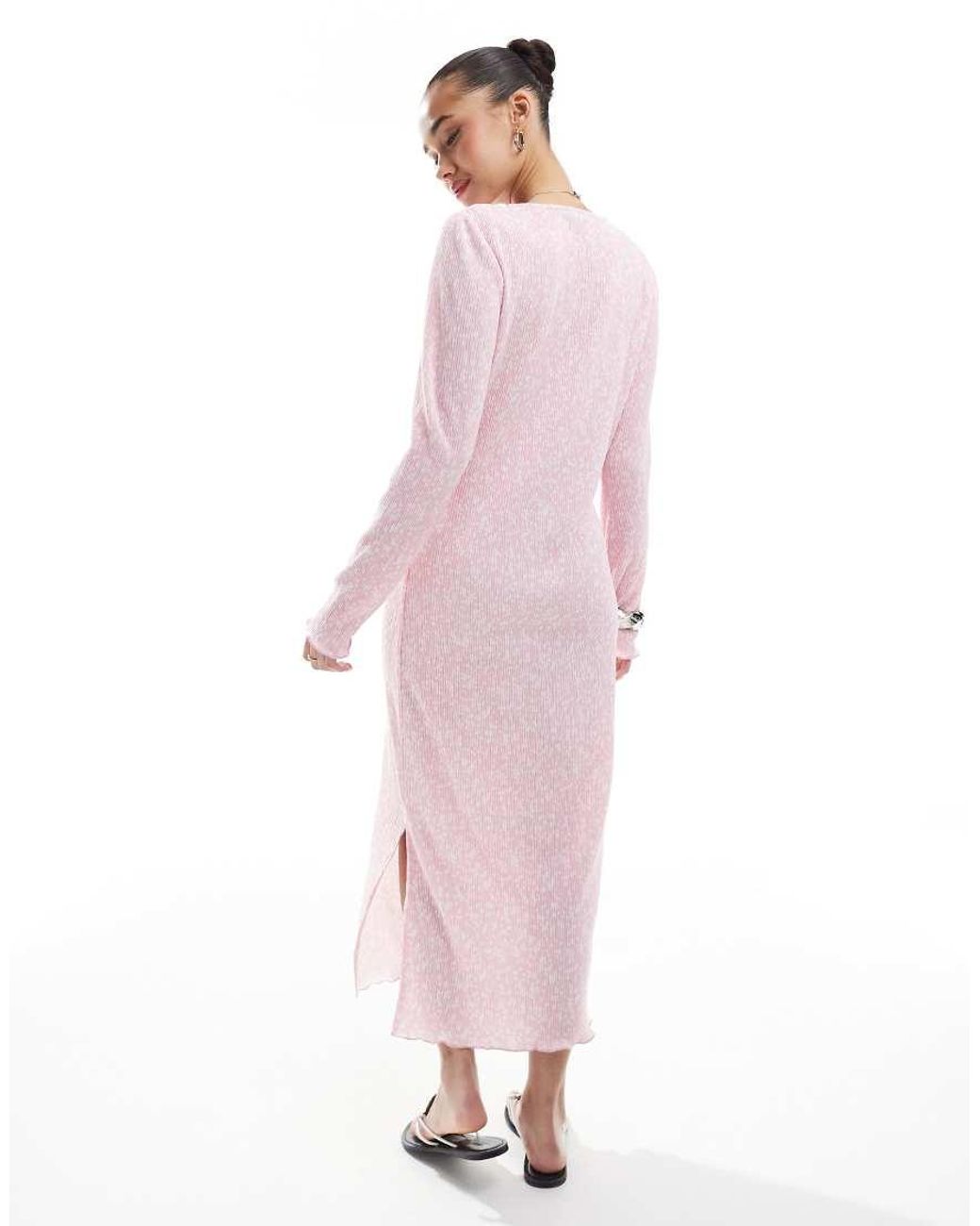 Pieces Pink Long Sleeve Plisse Midi Dress