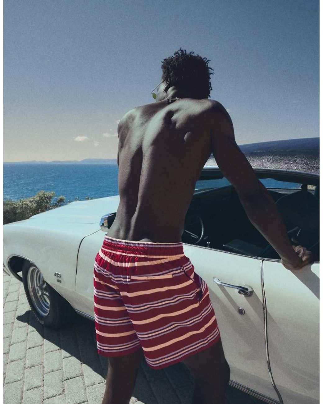 Bershka Blue Boxy Striped Swim Shorts for men