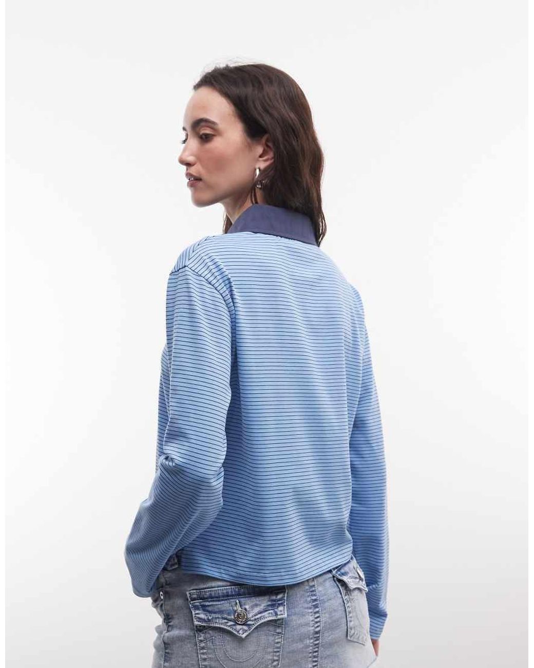 Reclaimed Vintage Blue Striped Fitted Henley Jersey Top