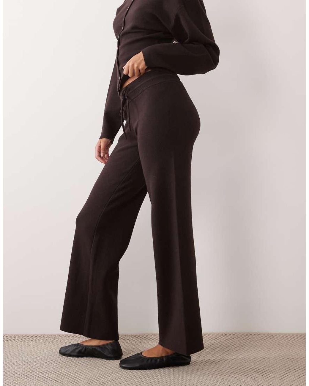 Gina Tricot Natural Co-ord Knitted Loungewear Ribbed Waistband Wide Leg Trousers