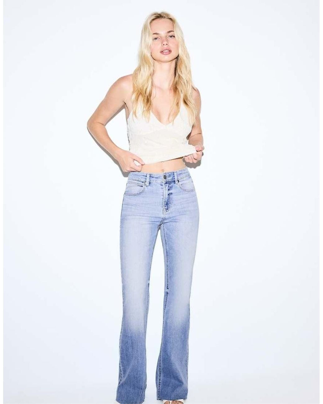 Stradivarius Blue D74 Bell Bottom Stretch Slit Jeans