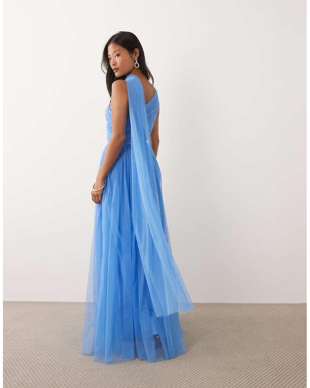 LACE & BEADS Blue One Shoulder Scarf Neck Maxi Dress