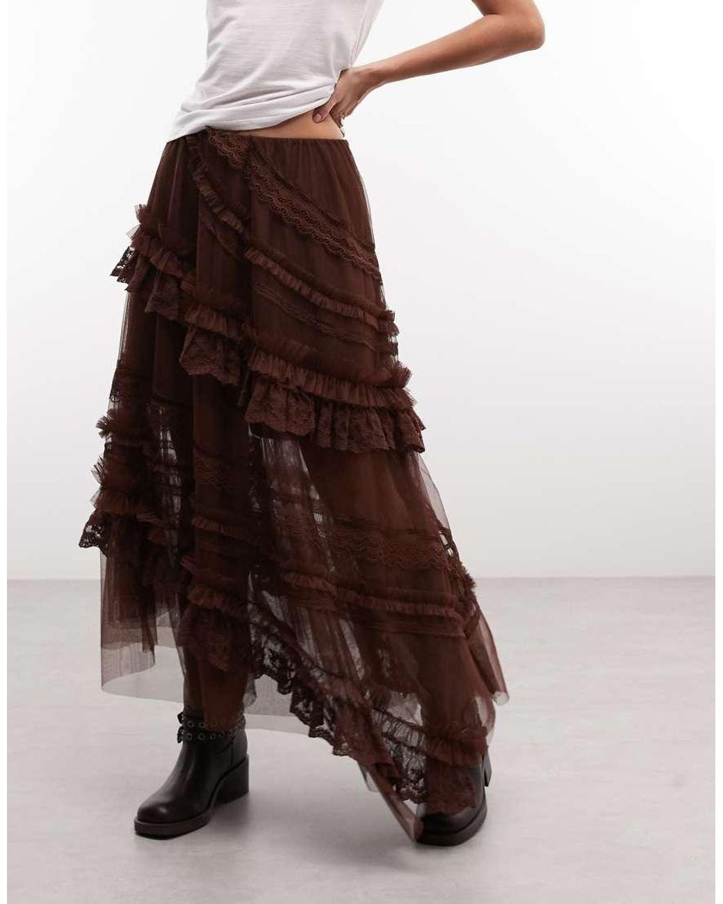 AllSaints Brown Jen Tulle Ruffle Midi Skirt