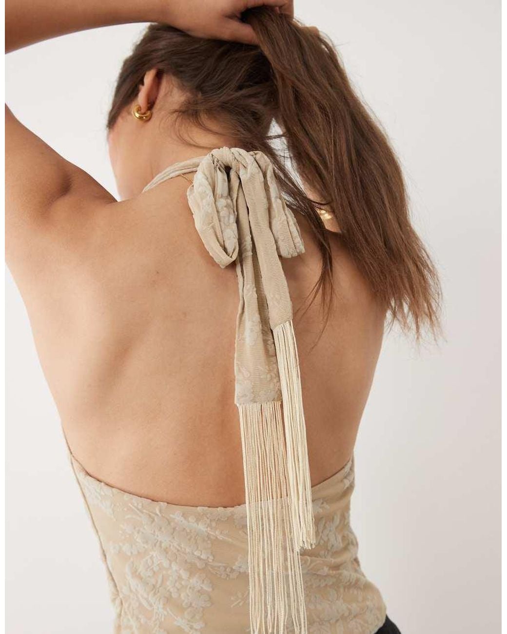 Motel Natural Mufusa Petal Tassle Scarf Detail Top
