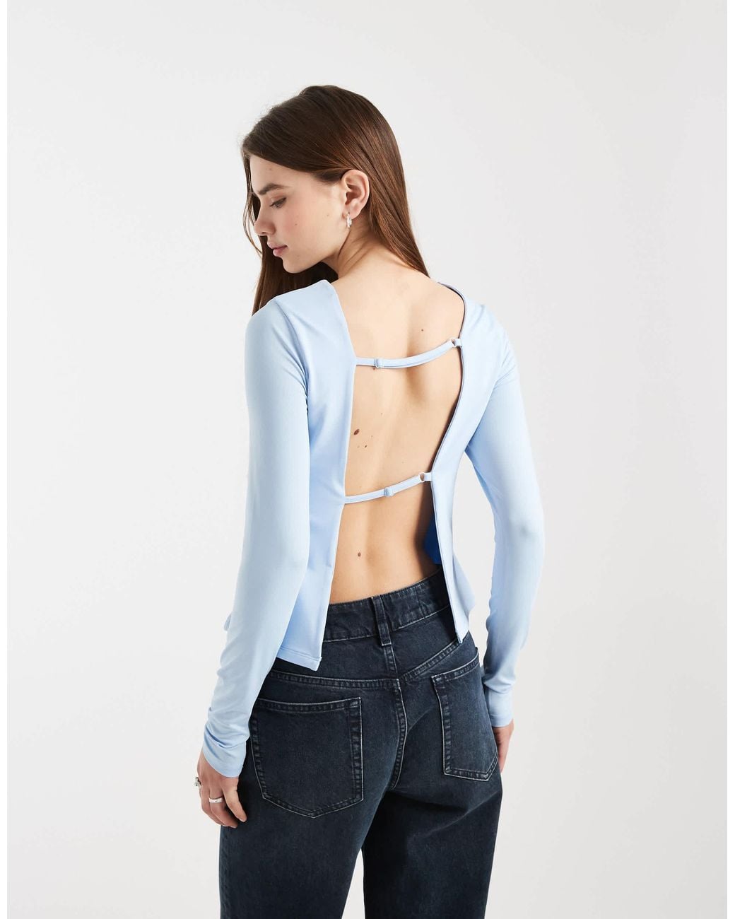 ASOS Slinky Open Back Long Sleeve Top in Blue | Lyst