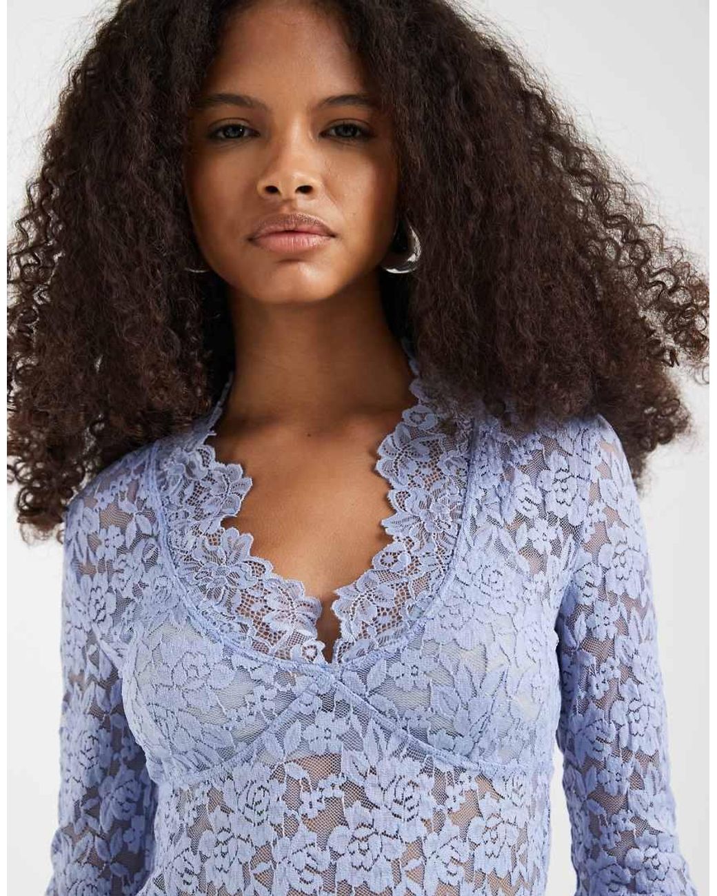 Free People Blue All Day Long Sleeve Lace Top