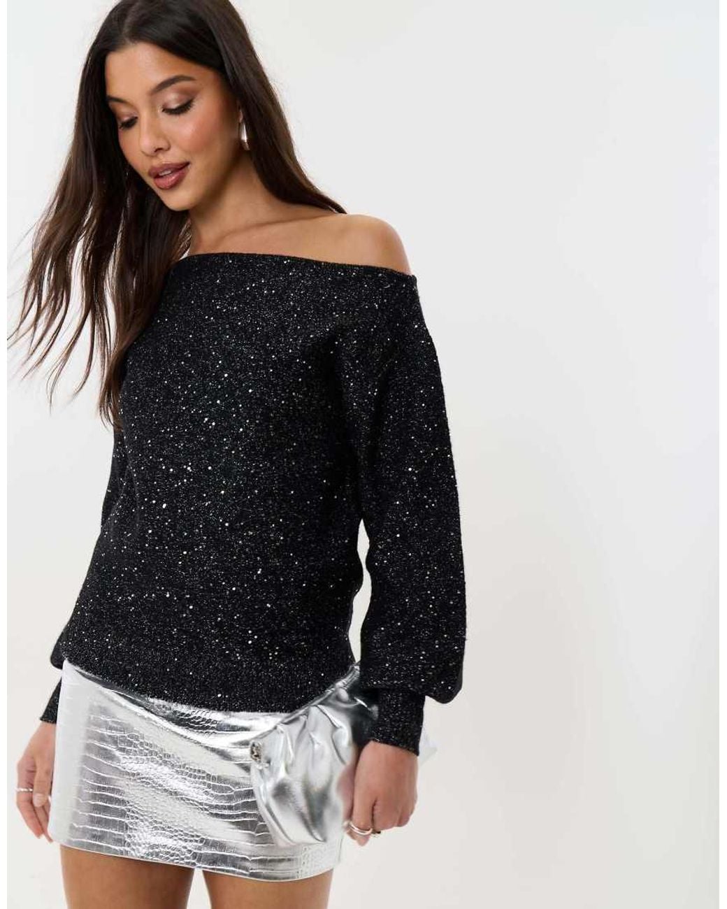 Threadbare Black Knitted Sequin Slash Neck Jumper