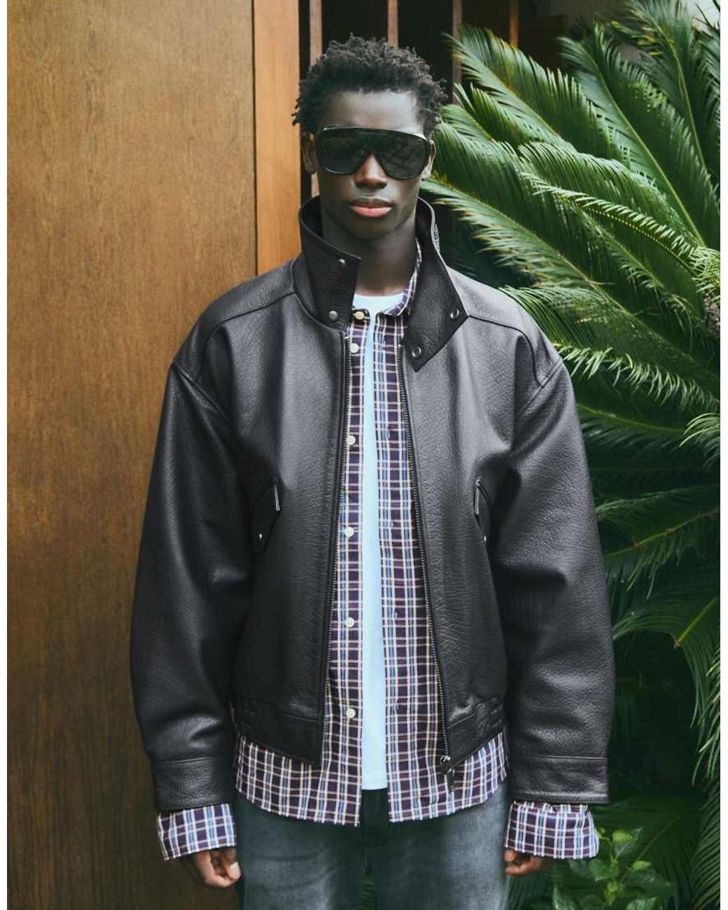 Bershka Green Leather Funnel-neck Bomber Jacket for men