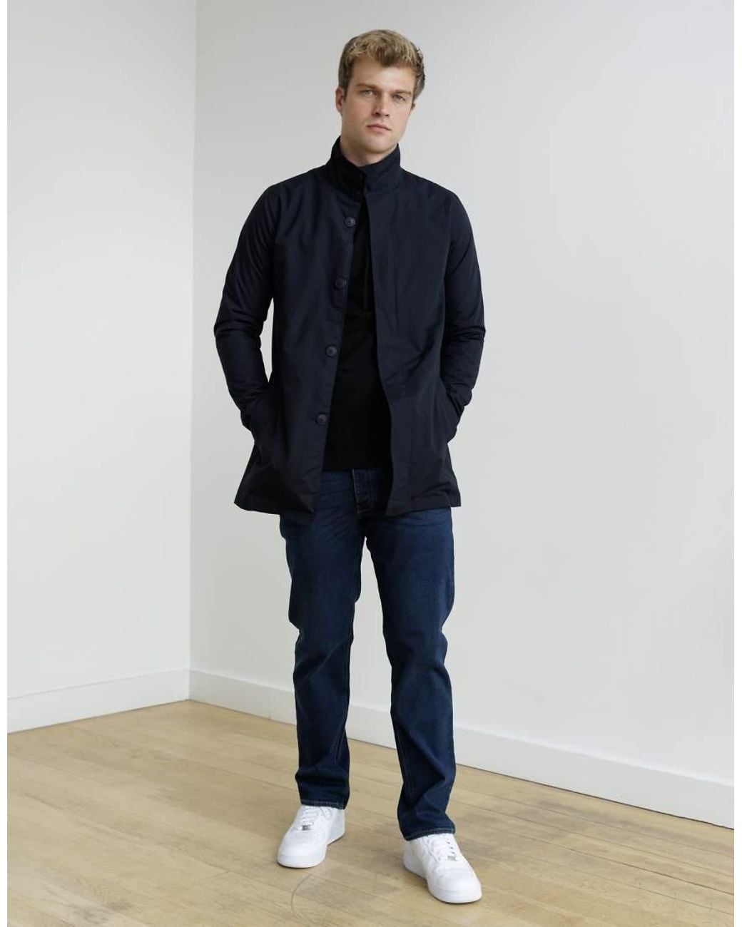 French Connection Blue Mid Length Funnel Neck Mac Coat for men
