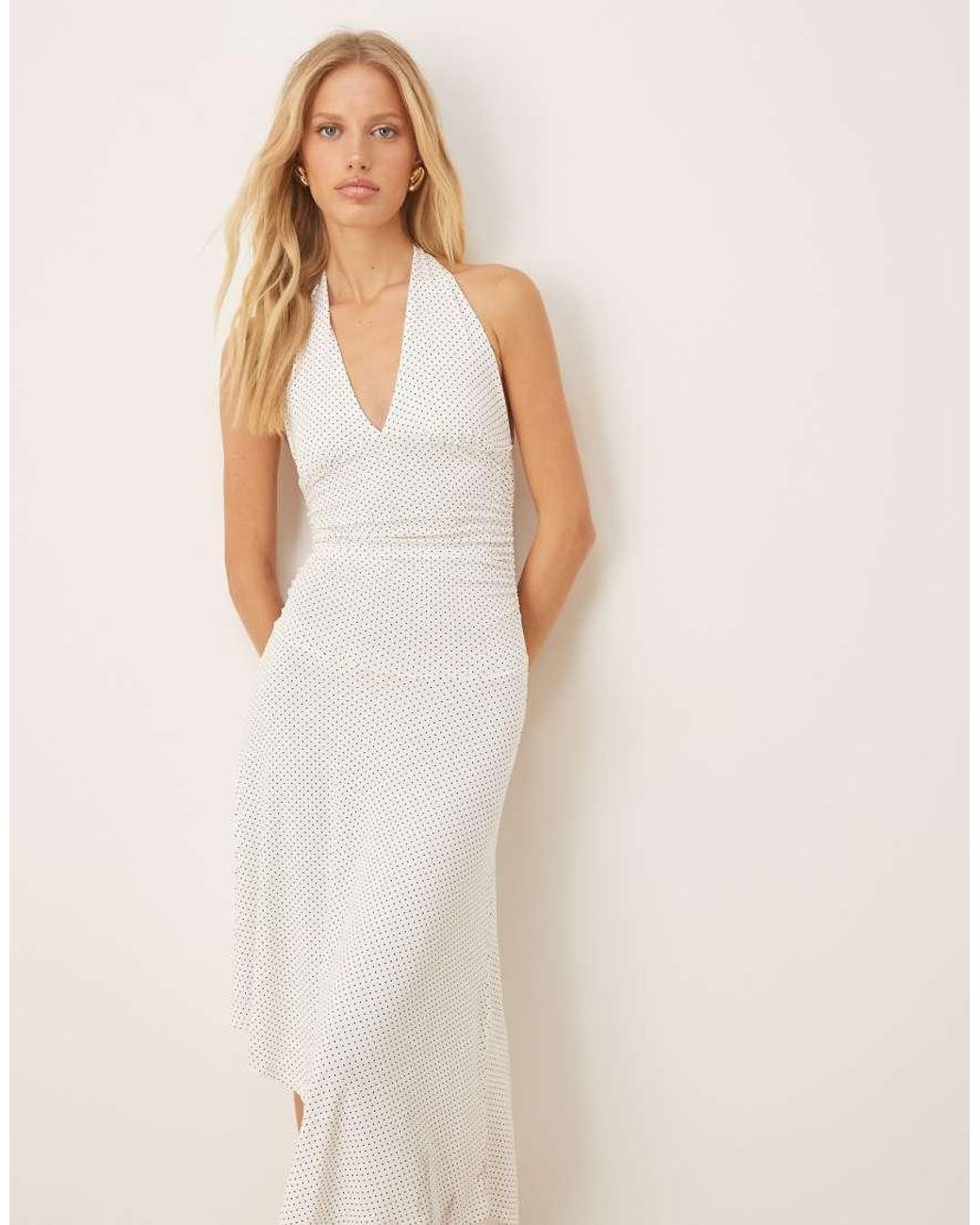 Gina Tricot Natural Halterneck Midi Dress With Asymmetric Hem
