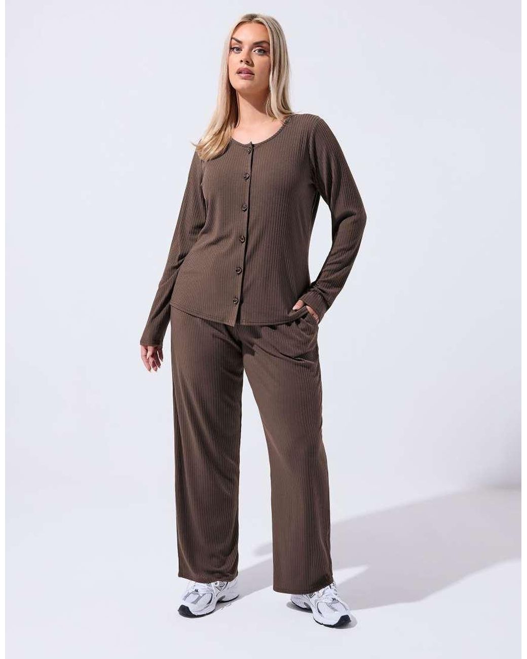 Yours Clothing Brown Ribbed Button Through Top